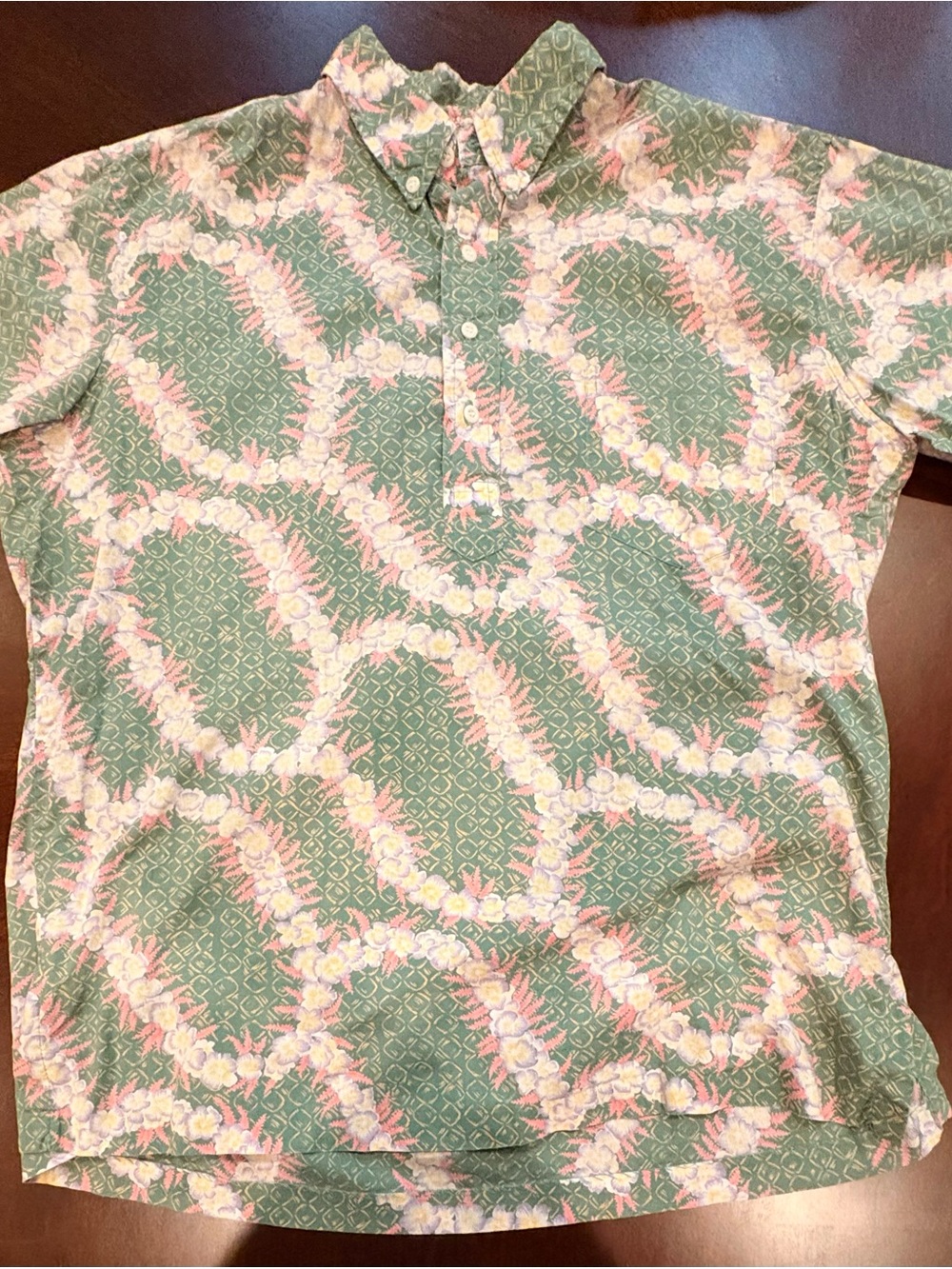 Vintage Reyn Spooner Hawaiian Traditions Aloha Shirt Floral Lei Print Green Pink